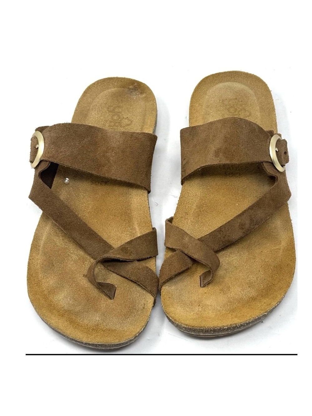 Yokono Sandals Brown Suede Buckle Toe Loop Slide Women’s 9.5 Leather Footbed